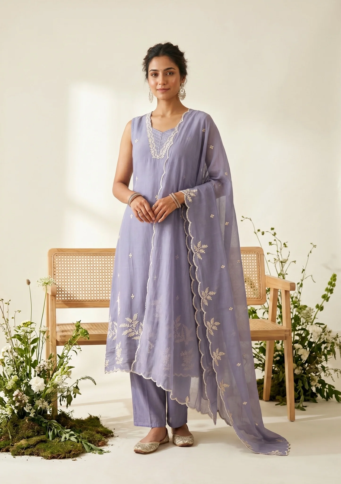 Light Lavender Soft Raw Silk Threadwork A Line Kurta With Pant Regular And Dupatta